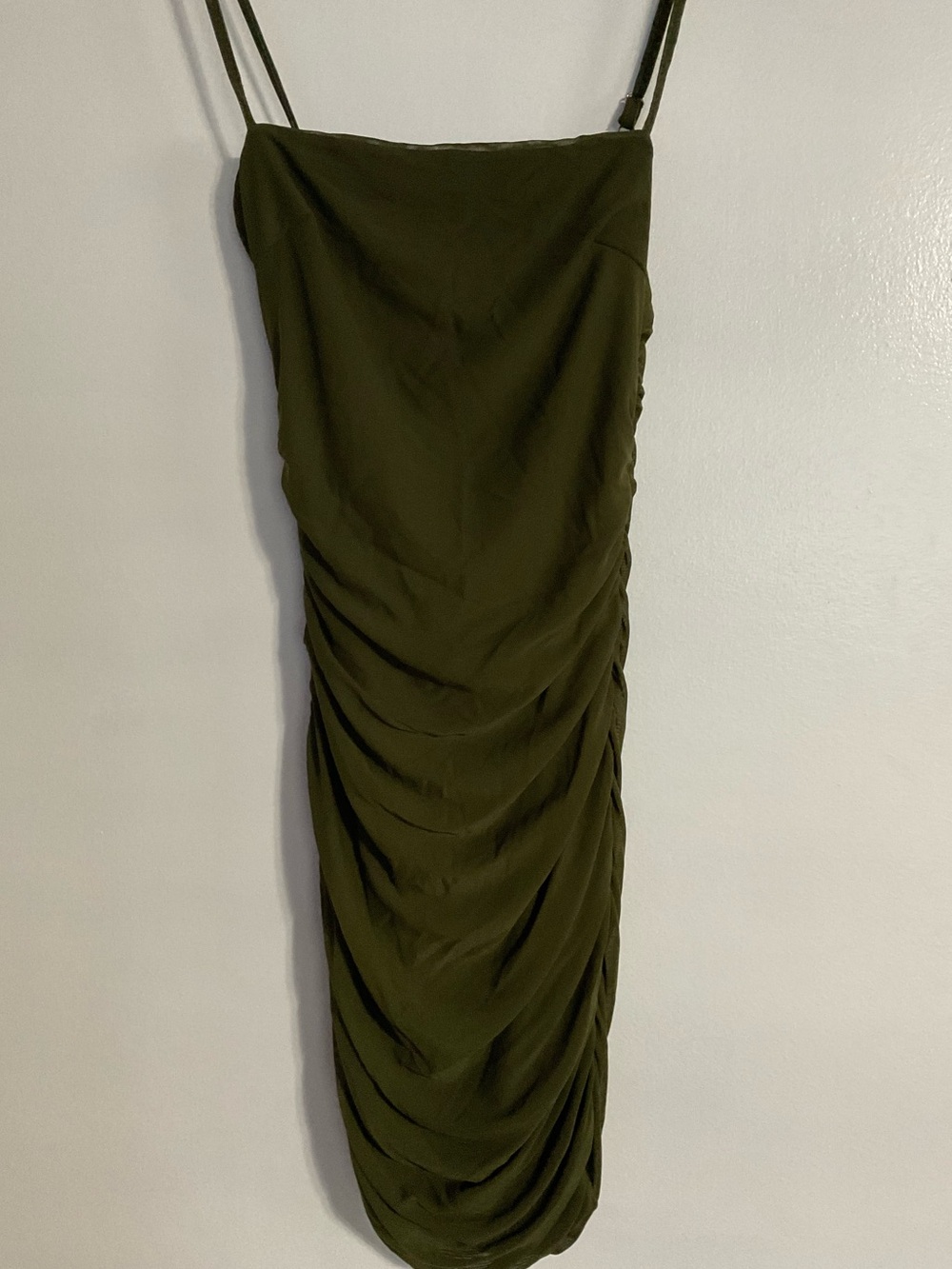 Princess Poly Olive Green Ruched Midi Dress with Spaghetti Straps